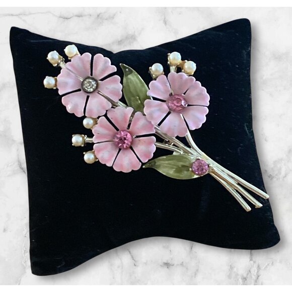 Vintage Signed Coro Silver Brooch With Pink Enameled Flowers Pearls Rhinestones - Picture 1 of 4